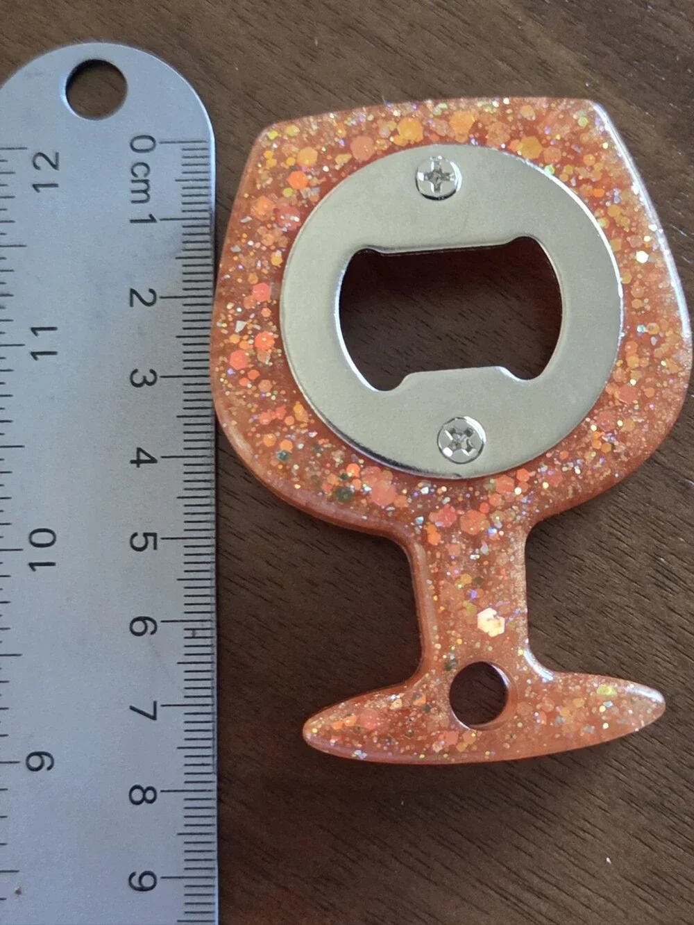 Handmade Resin Bottle Opener – Orange Amber Glitter Wine Glass